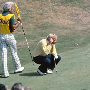 Jack Nicklaus lines up at a putt during the Duel in the Sun at the 1977 Open