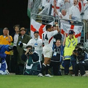 Jason Robinson celebrates scoring his try in the 2003 World Cup Final