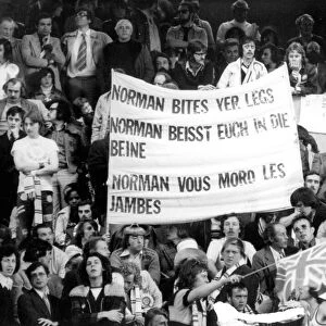 Leeds fans hold a Norman Bites Yer Legs banner during the 1975 European Cup