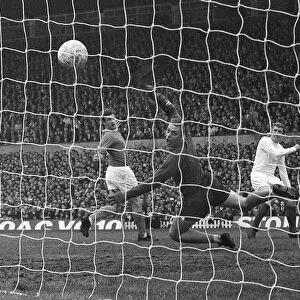 Leeds Mick Jones shoots at Everton goalkeeper Gordon West in the 1968 FA Cup
