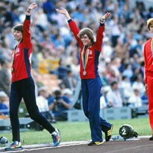 Michelle Probert (left) and Linsey MacDonald celebrate with their bronze medals -1980 Moscow Olympics
