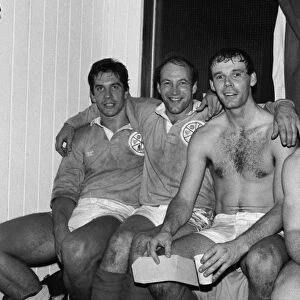Midlands players Paul Dodge, Dusty Hare, Clive Woodward and Les Cusworth celebrate after defeating the All Blacks in 1983