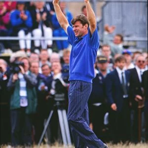 Nick Faldo raises his arms after winning the 1992 Open Championship