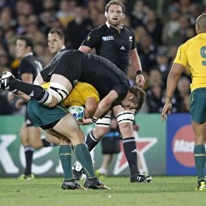 Richie McCaw makes a tackle at the 2011 Rugby World Cup