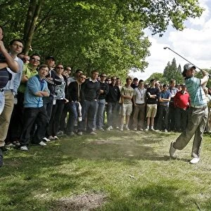 Rory McIlroy hits from the rough at the 2009 BMW PGA Championship