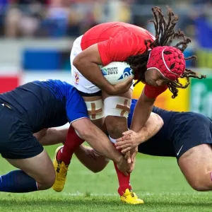 Tongas Paino Hehea Tackled by French Defenders Print Tongas Paino Hehea Tackled by French Defenders Print