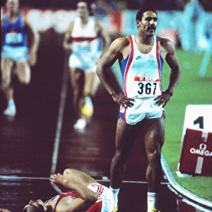 A victorious Daley Thompson at the 1986 Stuttgart European Championships