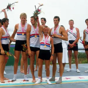 The victorious GB coxed fours rowers celebrate gold - 1984 Los Angeles Olympics The victorious GB coxed fours rowers celebrate gold - 1984 Los Angeles Olympics