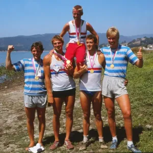 The victorious GB coxed fours rowers celebrate gold - 1984 Los Angeles Olympics The victorious GB coxed fours rowers celebrate gold - 1984 Los Angeles Olympics