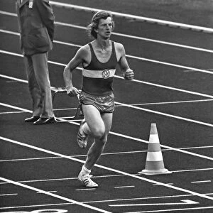 West German student Norbert Sudhaus runs into the stadium as a prank at the end of the marathon at the 1972 Munich Olympics