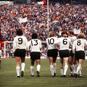 The West German team celebrate Herbert Wimmer (6) goal in the final of Euro 72