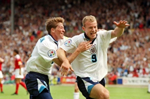 Alan Shearer and Darren Anderton celebrate Englands opening goal at Euro 96