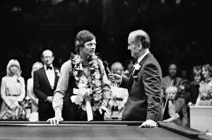Alex Higgins talks to Peter West after victory in 1981 Benson & Hedges Masters Final