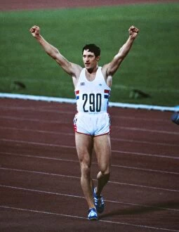 1980 Moscow Olympics Collection: Allan Wells celebrates winning 100m gold at the 1980 Moscow Olympics