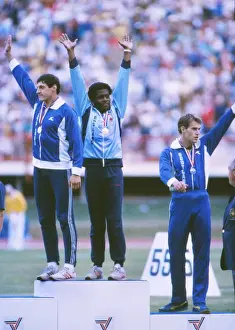 Allan Wells and Mike McFarlane share top spot on the 200m podium at the 1982 Brisbane Commonwealth Games