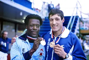 Allan Wells and Mike McFarlane with their shared 1982 Commonwealth 200m gold medals