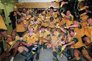 The Australia team celebrate after winning the 1999 Rugby World Cup