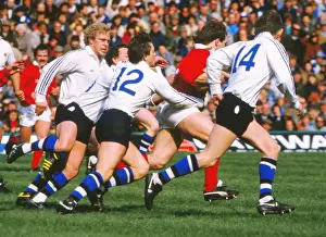 Baths Simon Halliday (#12) tires to tackle Robert Ackerman - 1985 John Player Special Cup Final