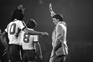 Bobby Robson salutes the Portman Road crowd at the final whistle of his testimonial game in 1979 marking 10 years as manager