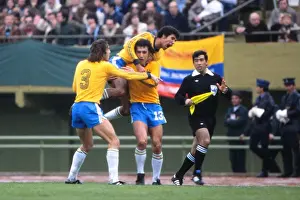 Brazils Nelinho is congratulated by teammates after scoring against Italy at the 1978 World Cup