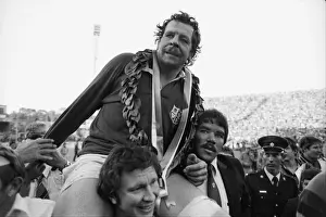 British Lions captain Bill Beaumont is chaired off the pitch after victory against South Africa in the 4th Test in 1980