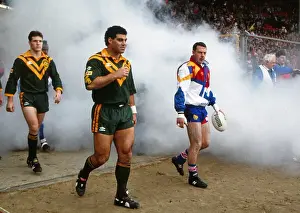 The two captains leads the teams out for the 1992 Rugby League Wolrd Cup Final