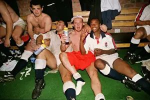 Will Carling, Jason Leonard, Dewi Morris and Paul Hull celebrate Englands victory over South Africa in 1994