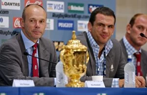 2003 Rugby World Cup Final Collection: Clive Woodward, Martin Johnson, Lawrence Dallaglio, and the Webb Ellis Cup