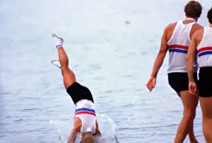 Cox Adrian Ellison is thrown into the water by his teammates as they celebrate their gold medal victory - 1984 LA Olympics
