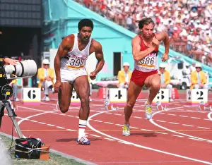 Daley Thompson sprints off on the way to winning the 100m event in the decathlon at the 1984 Olympics
