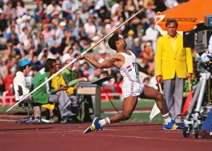 Daley Thompson throws the javelin at the 1980 Moscow Olympics