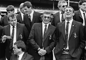 Dean Richards jokes around with a large pair of glasses with team mate Wade Dooley at Twickenham in 1987