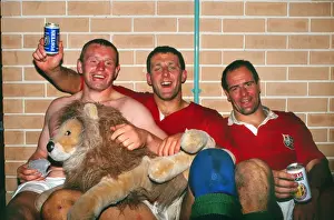 Dean Richards, Wade Dooley and Paul Ackford celebrate the British Lions test series victory against Australia in 1989