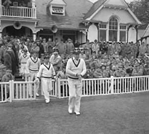 Don Bradman leads his Australia team out for the first game of their 1948 tour of England