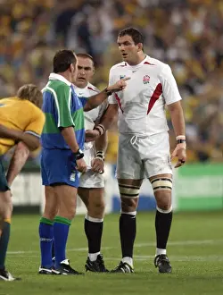 England captain Martin Johnson and referee Andre Watson exchange words during the 2003 World Cup Final