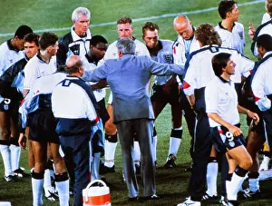 England manager Bobby Robson talks to his players before extra-time in the semi-final of Italia 90