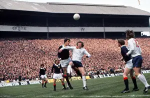 Englands Colin Bell and Scotlands Bobby Moncur jump for the ball durin the 1972 Home Championship
