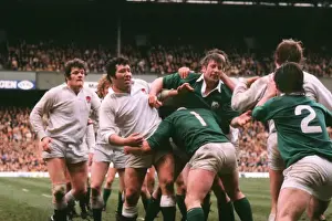 Englands Fran Cotton and Barry Nelmes takes on Irelands Moss Keane in a line-out - 1978 Five Nations