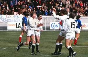 Englands Nick Preston celebrates his try against France - 1980 Five Nations