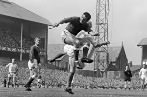 Evertons Alex Parker out-jumps Manchester Uniteds Denis Law - 1963 Charity Shield