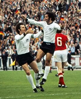 The 1972 European Football Championship Collection: Gerd Muller celebrates his goal with Franz Beckenbauer in the final of Euro 72