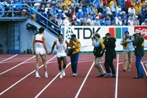 Images Dated 31st August 2010: Gold medalist Daley Thompson shakes hands with runner-up Jurgen Hingsen at the 1983 Helsinki World