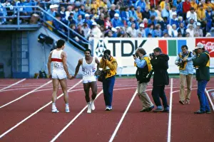 Gold medalist Daley Thompson shakes hands with runner-up Jurgen Hingsen at the 1983 Helsinki World Championships