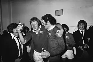Gordon Brown and Mervyn Davies celebrate after the British Lions win the 1974 series in South Africa