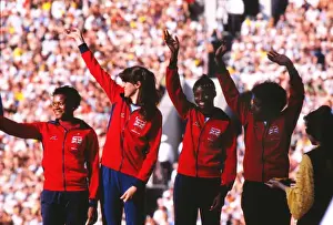 Great Britains bronze medal-winning 4x100m team on the podium at the 1980 Moscow Olympics