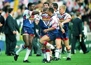 Images Dated 15th June 2011: Great Britains Martin Offiah (left) and Jason Robison celebrate at the end of the game