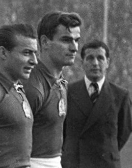 Images Dated 11th March 2010: Hungarys Laszlo Budai and Sandor Kocsis line-up before facing England at Wembley in 1953