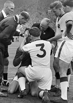 Injured Manchester United goalkeeper Ray Wood during the 1957 FA Cup Final