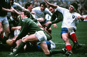 Images Dated 26th May 2011: Irelands John Robbie gets the ball away against France - 1981 Five Nations
