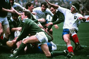 Irelands John Robbie gets the ball away against France - 1981 Five Nations